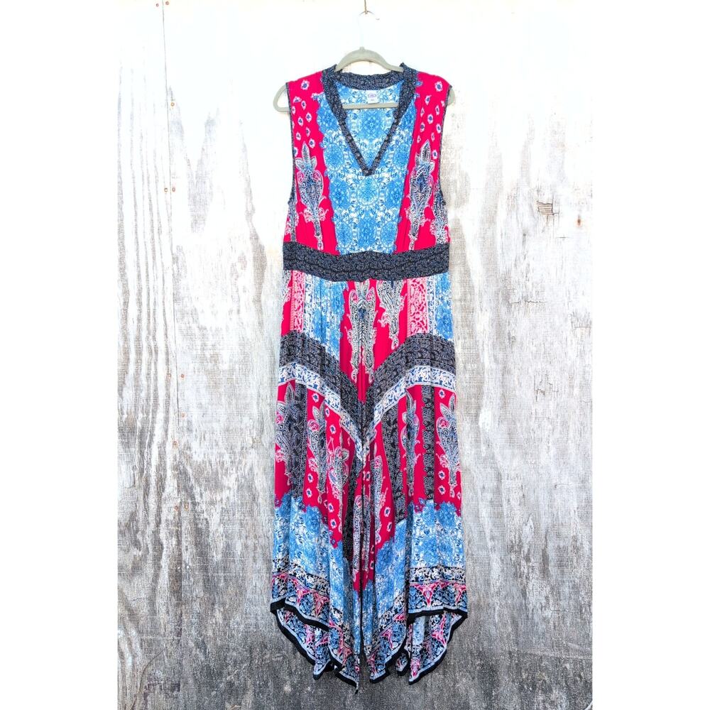 Bila Hankie Hem Boho Gypsy Summer Crepe Maxi Red White & Blue Women's XXL